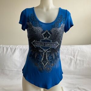 Harley Davidson | Y2K Rhinestone Wing Cross Layered Top | S